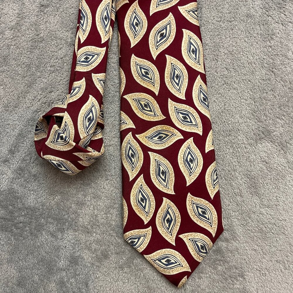 Christian Dior Monsieur Silk Neck Tie Burgundy Tan Geometric Pattern Made in USA